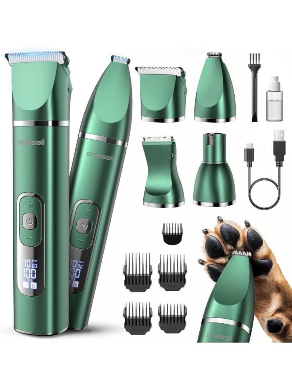 4-in-1 Dog Grooming Kit with LCD Display - Pet Clippers, Trimmer & Brush, Green
